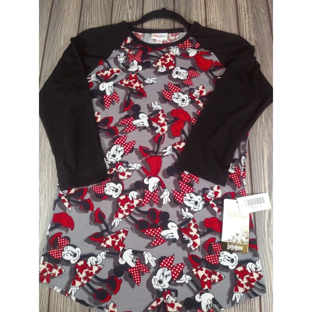 LuLaRoe Disney Minnie Mouse Randy Baseball‎ Tee Shirt Women XS Black Gray